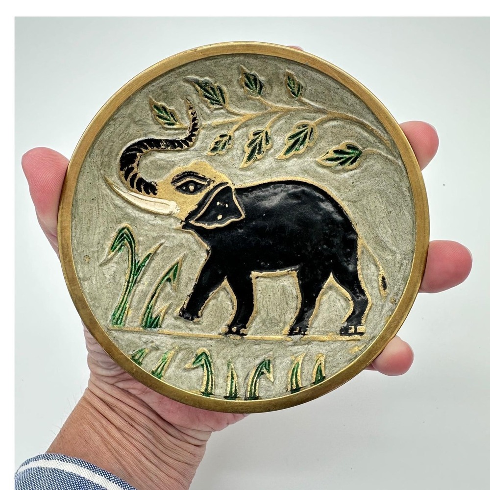 Vintage Brass Decorative Plate Elephant 5" Gold Black Enamel India Wall Art